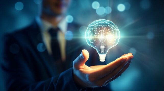 An entrepreneur gets an idea in his hands, a light bulb and a brain