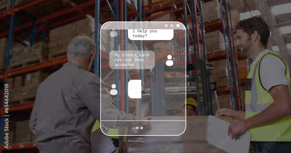 Poster animation of data processing against caucasian male supervisor instructing workers at warehouse