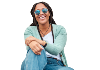 Portrait, sunglasses and black woman with fashion, funny and happy girl isolated on a transparent background. Person, lady and model with stylish eyewear, laughing or casual clothes with png or humor