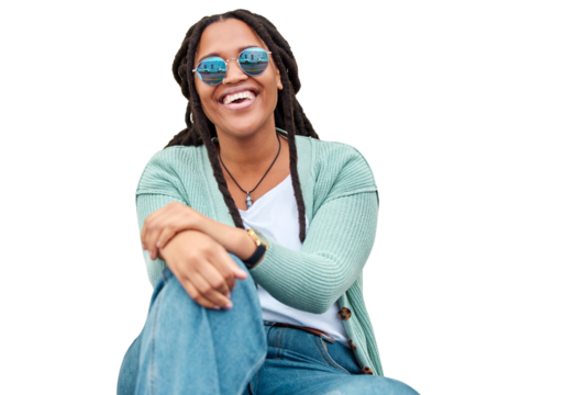 Portrait, sunglasses and black woman with fashion, funny and happy girl isolated on a transparent background. Person, lady and model with stylish eyewear, laughing or casual clothes with png or humor
