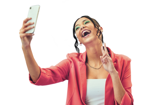 Isolated woman, selfie and happy with peace sign for fashion, makeup or web blog by transparent png background. Gen z girl, influencer or icon for memory, photography or social media app in clothes