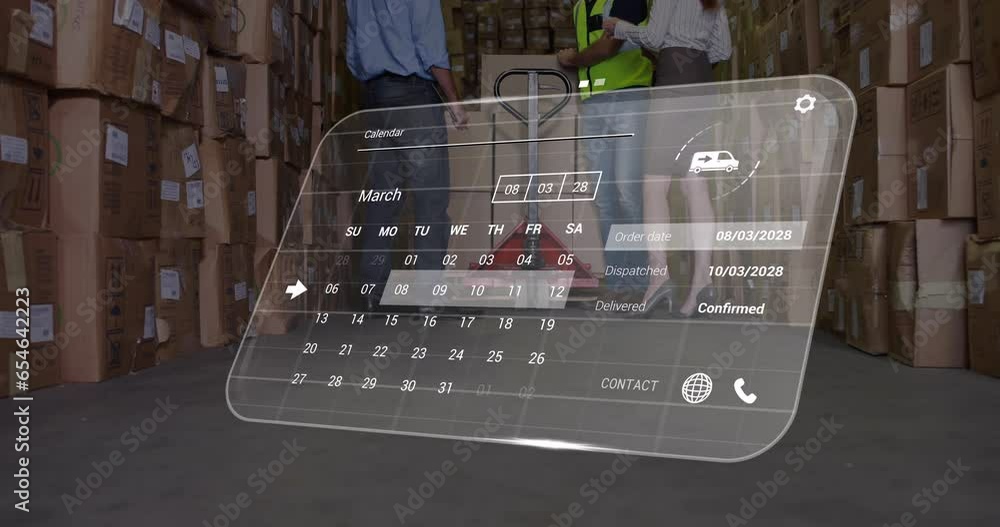 Poster animation of data processing against mid section of supervisors and workers working at warehouse