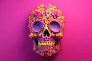 colorful sugar skull on vivid pink background, day of the dead, dia de muertos, Generative AI