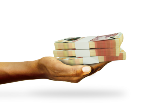 Hand Holding 3D rendering of stacks of British pounds sterling notes isolated on transparent background