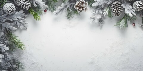Christmas and New Year holiday background. White background with Christmas tree and pine cones. View from above and copy space. Generative AI.