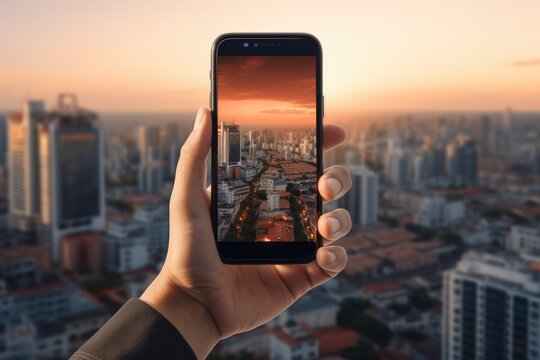 hands holding a smartphone against the backdrop of a city panorama