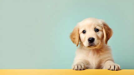 Portrait of a puppy golden retriever dog on a green background. Generative AI.