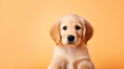 Portrait of a puppy golden retriever dog on a orange background. Generative AI.
