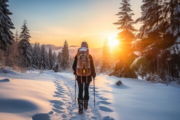 Back view of hiker woman walking on snow trail using sticks at sunset