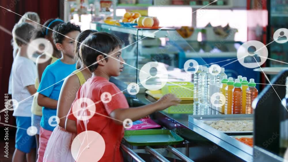 Wall mural Animation of network of profile icons over students in a queue being served meal in school canteen