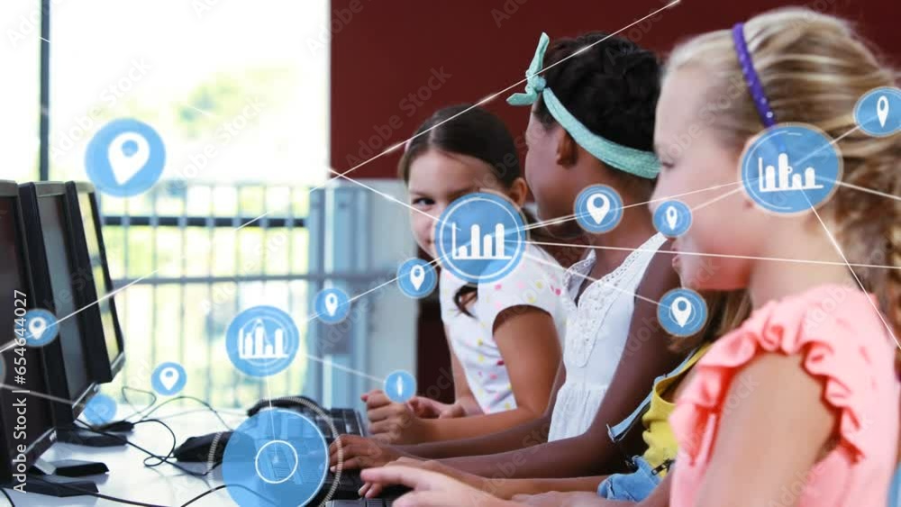 Aufkleber animation of network of digital icons over diverse girls laughing while using computer at school
