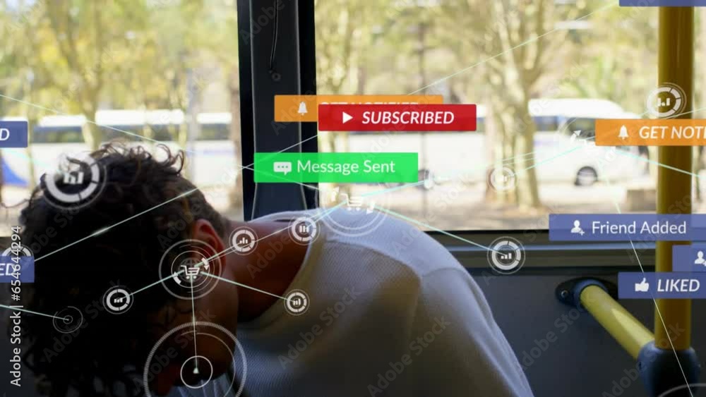 Poster animation of network of digital and social media icons over biracial man using smartphone in the bus