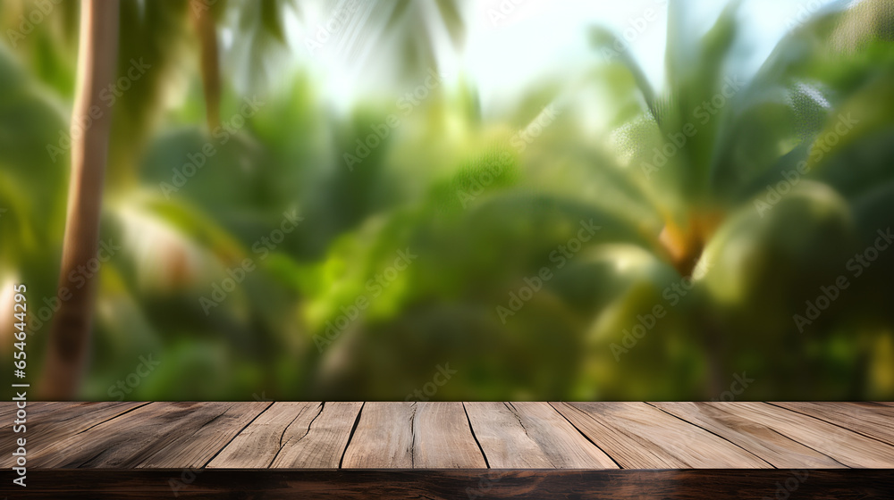 Poster Empty wooden table top with blurred tropical beach background.
