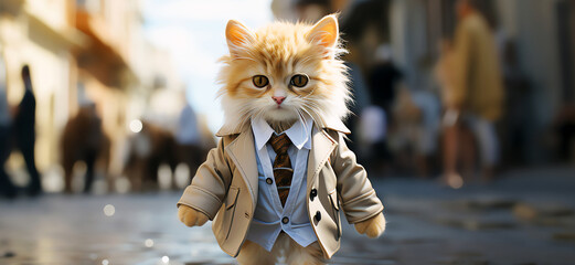 funny kitten walking in the street, AI generated