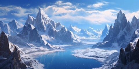 Fototapeta na wymiar Illustration of a Large Snowy Mountain Landscape with a Lake Below. Winter Mountains