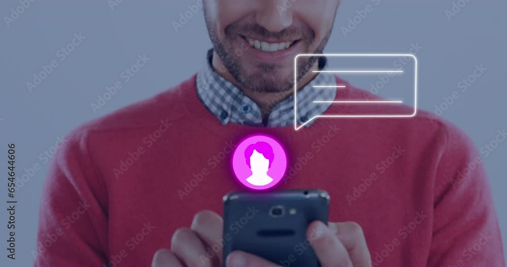 Poster animation of neon profile and message icon against mid section of caucasian man using a smartphone