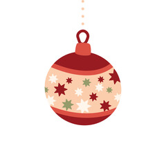 Circle red Christmas tree toy with stars. Illustration in flat style. Season decoration, Christmas and New Year celebration, icon isolated on white background. Vector design template.