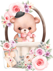 Cute teddy bear in basket with flower wreath