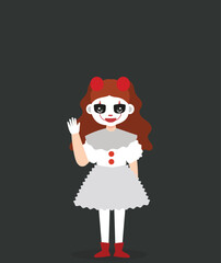 vector illustration girl character using scary evil clown wearing a dirty and ragged costume with a blank background at halloween party 