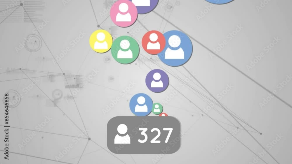Poster animation of profile icons with increasing numbers, network of connections and data processing
