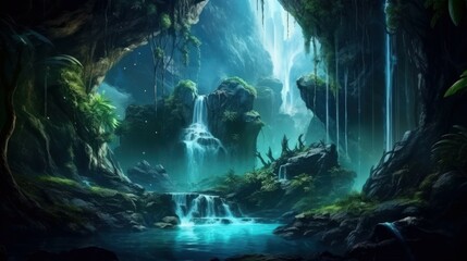 Beautiful Fantasy Scenery Landscape Background of Waterfall in a Lush Jungle. Lake, Ancient Ruins & Cave in a Rain Forest Wallpaper. Generative AI Illustration.  - obrazy, fototapety, plakaty