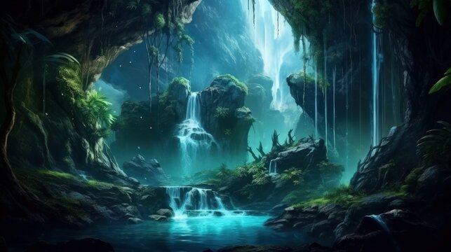 Beautiful Fantasy Scenery Landscape Background of Waterfall in a Lush Jungle. Lake, Ancient Ruins & Cave in a Rain Forest Wallpaper. Generative AI Illustration. 