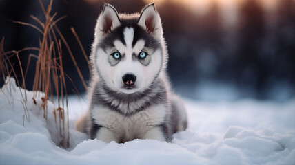 Siberian Husky puppy in the snow. - obrazy, fototapety, plakaty