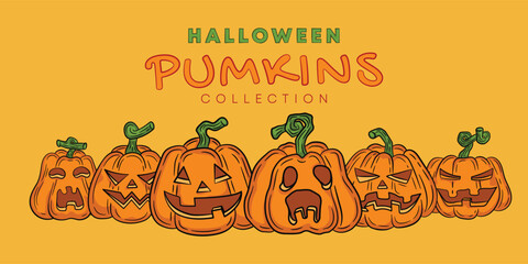 Set of halloween scaary pumpkins spooky vector.