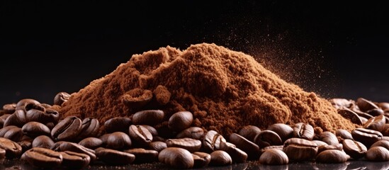 Close up of white background shows coffee beans turning into powder