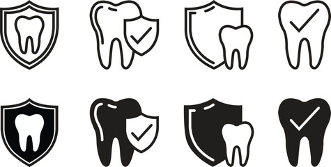 set of Dental Care icons. flat Dental Shield Tooth Protection. linear Healthy teeth and shield, anti-caries and protection bacteria. Teeth, insurance symbol collection isolated on transparent.