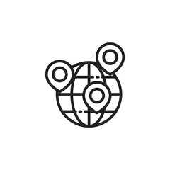 Location pin on the globe outline icon. Vector illustration. Isolated icon is suitable for web, infographics, interfaces, and apps.Location pin on the globe outline icon. Vector illustration. Isolated