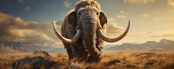 A Woolly Mammoth with Vast Pastures and Mountains Background - obrazy, fototapety, plakaty