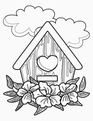 Cute love birds coloring page for kids and adult with flower, Doodle style, black and white background, Funny doves, Cute animal Coloring page for Kids Children stock vector illustration