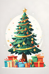 Illustration of Christmas tree, with gifts around it, on white background