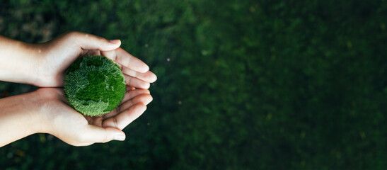 Environment. Green earth ball in hand in green forest background. Ecosystem. Earth Day. Forest conservation CSR ESG NET ZERO