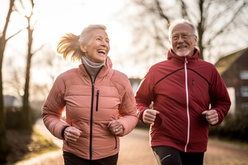 Happy elderly couple enjoying jogging time in winter on sunny day