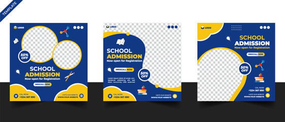 School admission social media post banner template, educational social media post square flyer back to school .