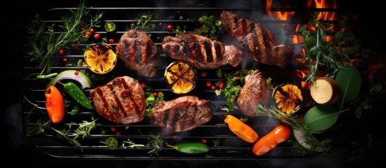 Grilled meat and vegetables with smoke and flames on barbecue grill viewed from the top in green grass - obrazy, fototapety, plakaty
