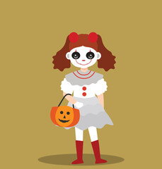 young girl kid using scary clown make-up at halloween party. scary clown vector character illustration 