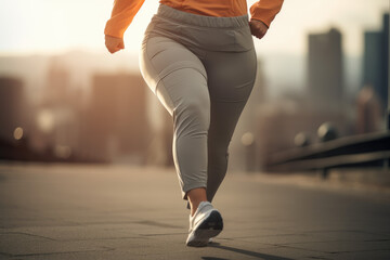 Chubby woman jogging on the street in the city background. Oversize girl walking and exercising on the road in the morning at urban. - obrazy, fototapety, plakaty