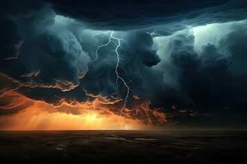 impressive thunderstorm on the horizon - obrazy, fototapety, plakaty