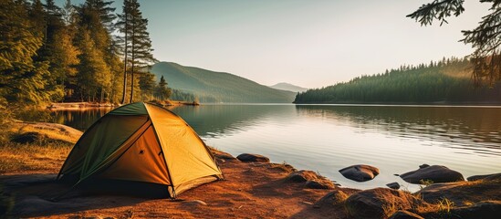 Lake side camping tent - obrazy, fototapety, plakaty