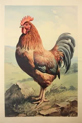 Tuinposter rooster in country landscape vintage lithograph style print with paper texture © Ricky