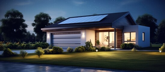 Fototapeta premium Modern house with garage for sale or rent surrounded by lush lawn Clear summer night with starlit sky Warm light shining through window