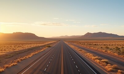 Photo of a desert highway with majestic mountains in the backdrop