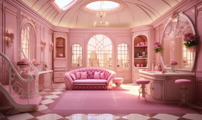 Photo of a stylish living room with pink furniture and a glamorous chandelier