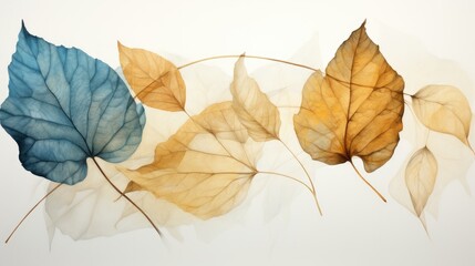 Golden and blue tree leaves on white background. Great for wall art and home decor. Beautiful transparent golden blue leaves on isolated white background