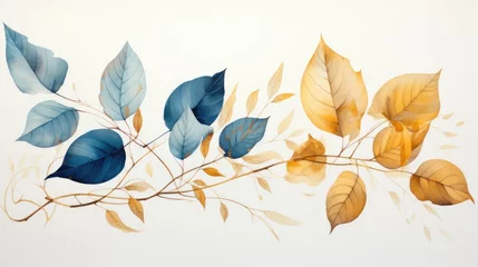 Photo sur Plexiglas Mur chinois Golden and blue tree leaves on white background. Great for wall art and home decor. Beautiful transparent golden blue leaves on isolated white background