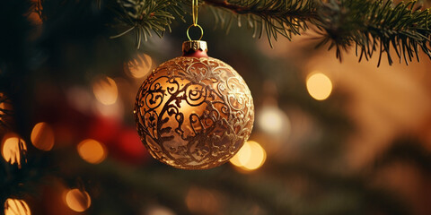 Christmas and new year holidays concept. Balls on spruce branches, festive background of winter season