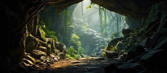 Mysterious cave corridor leads to green forest - Powered by Adobe